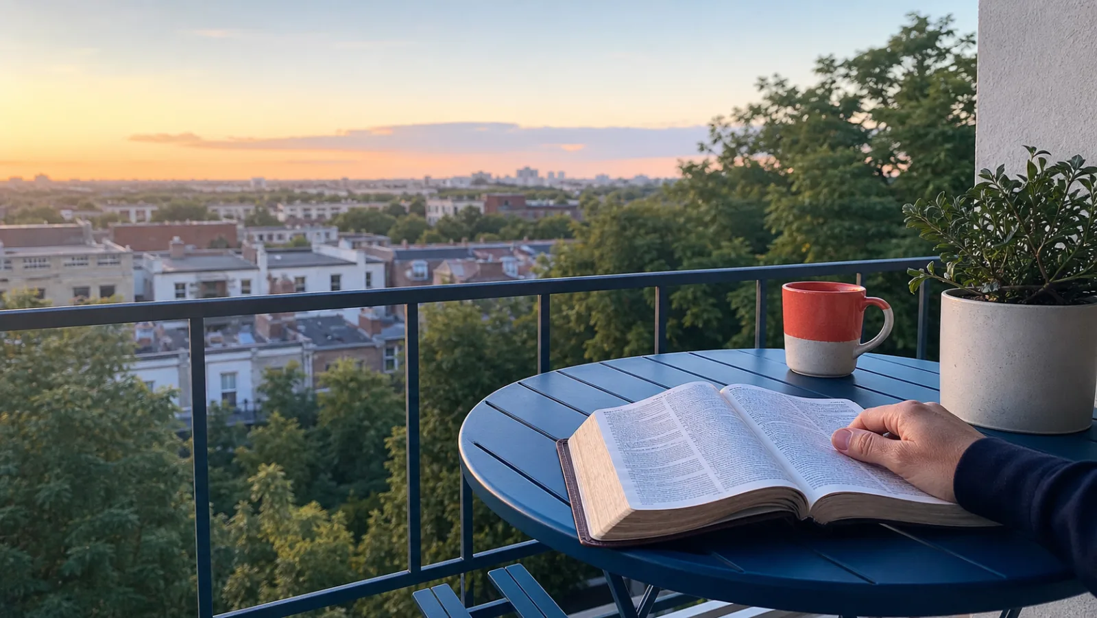 An open Bible and a bright cup on a balcony at sunrise